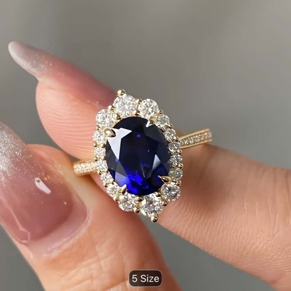 Gold Halo Synthetic Sapphire Oval Ring with Crystal Accents - Deep Blue size 6.5